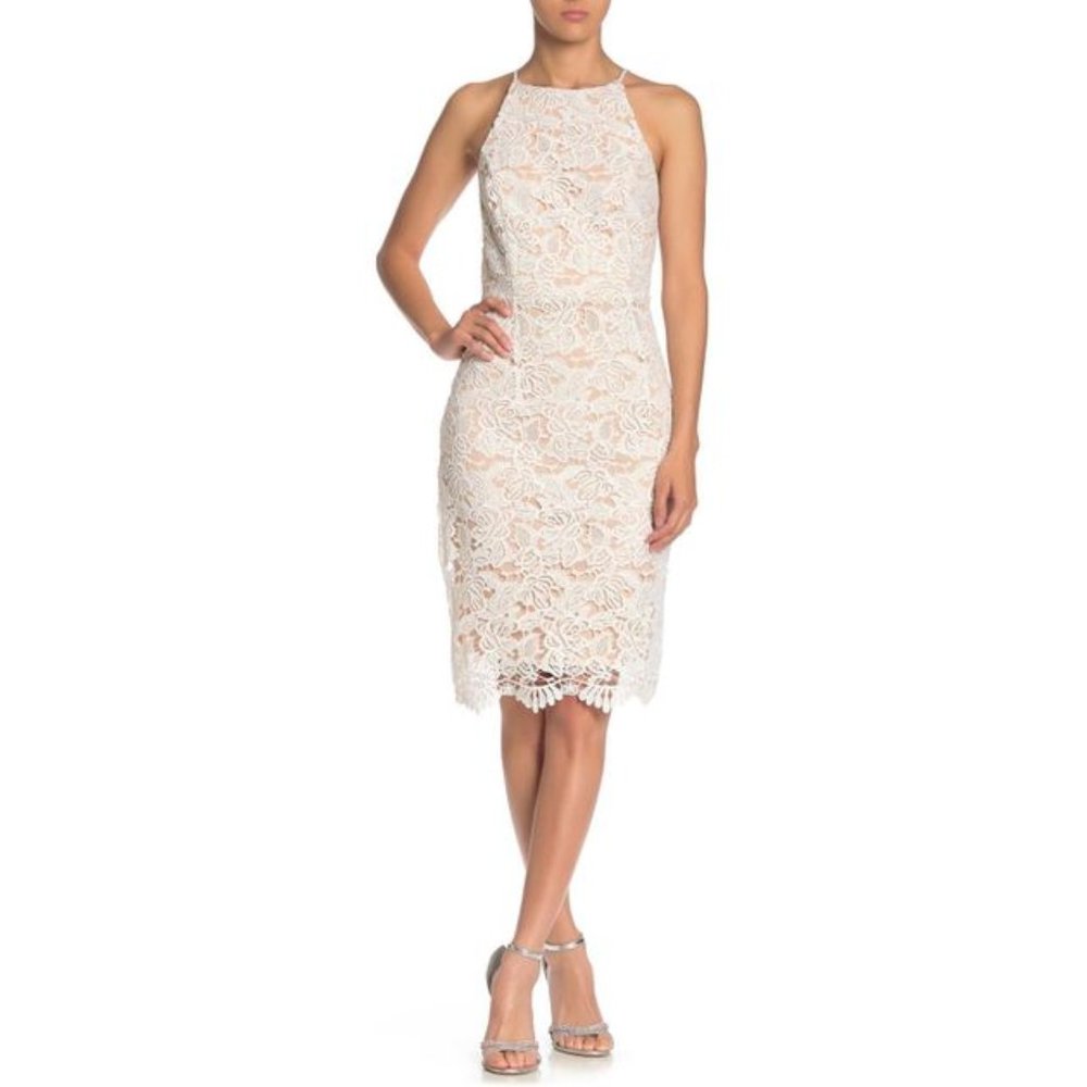 Marina Sleeveless Crochet Lace Sheath Halter Dress